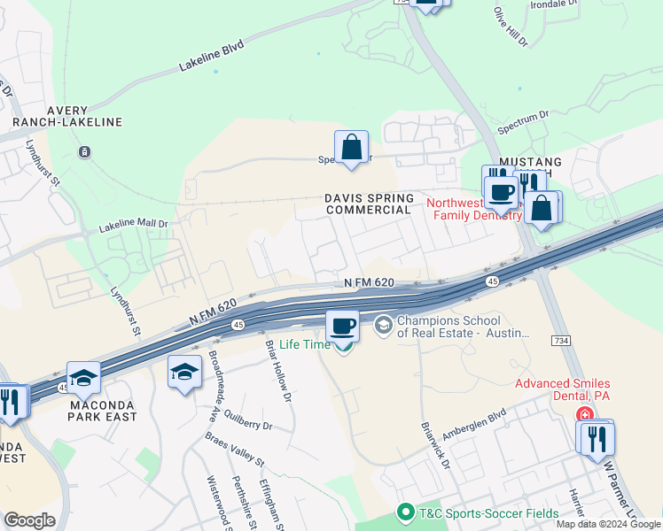 map of restaurants, bars, coffee shops, grocery stores, and more near 13730 North FM 620 in Austin