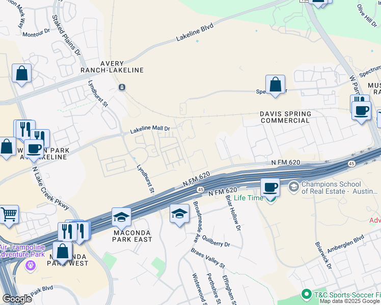 map of restaurants, bars, coffee shops, grocery stores, and more near 13641 Rutledge Spur in Austin