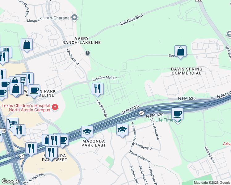 map of restaurants, bars, coffee shops, grocery stores, and more near 13810 Cibolo Trace in Austin