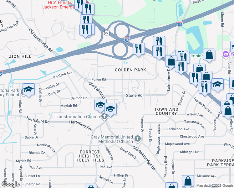 map of restaurants, bars, coffee shops, grocery stores, and more near 2400 Fred Smith Road in Tallahassee