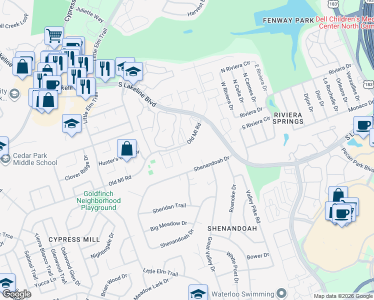 map of restaurants, bars, coffee shops, grocery stores, and more near 406 Old Mill Road in Cedar Park