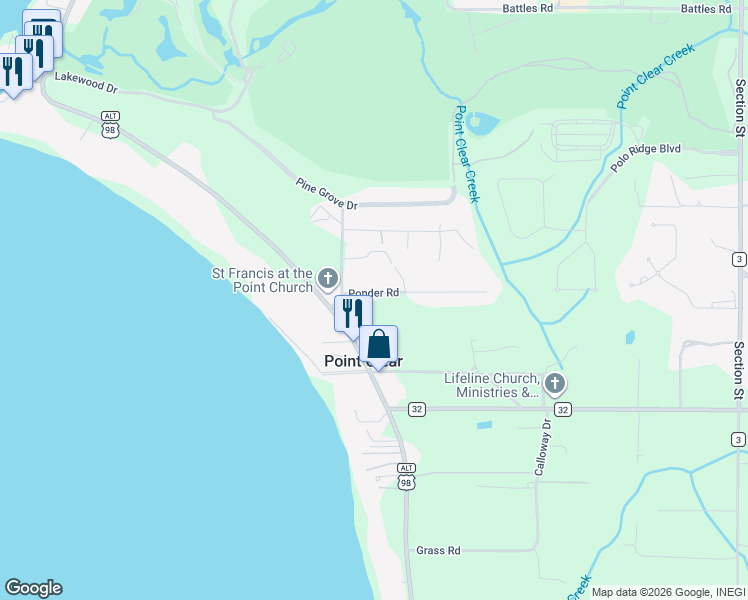 map of restaurants, bars, coffee shops, grocery stores, and more near 6113 Ponder Road in Fairhope