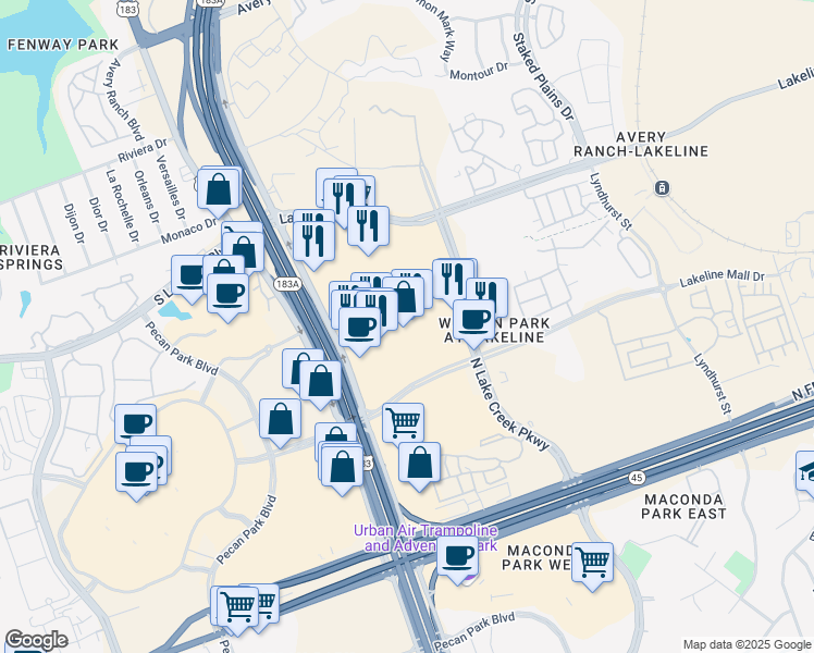 map of restaurants, bars, coffee shops, grocery stores, and more near 10900 Lakeline Mall Drive in Austin