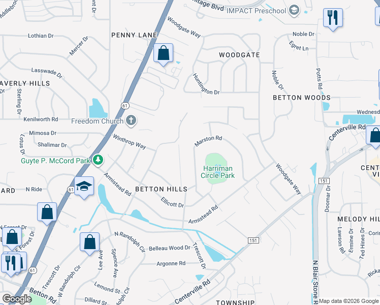 map of restaurants, bars, coffee shops, grocery stores, and more near 2519 Chamberlin Drive in Tallahassee