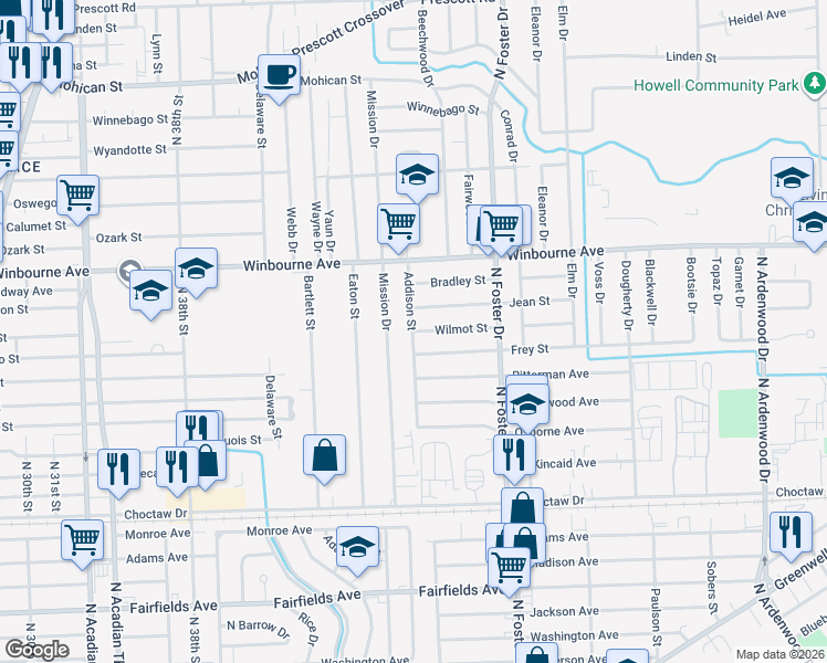 map of restaurants, bars, coffee shops, grocery stores, and more near 4601 Wilmot Street in Baton Rouge