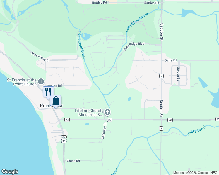 map of restaurants, bars, coffee shops, grocery stores, and more near 17143 Polo Ridge Boulevard in Fairhope