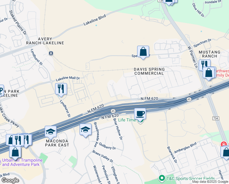 map of restaurants, bars, coffee shops, grocery stores, and more near 13620 North FM 620 in Austin