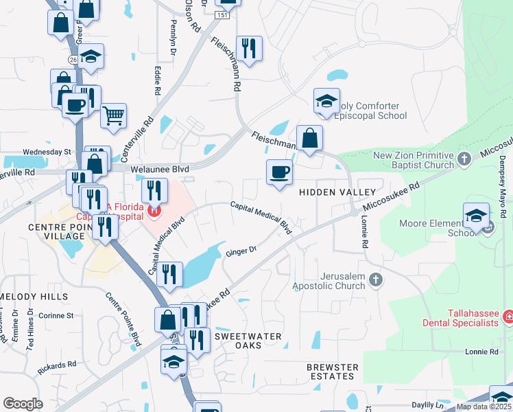 map of restaurants, bars, coffee shops, grocery stores, and more near 3021 Rain Valley Circle in Tallahassee