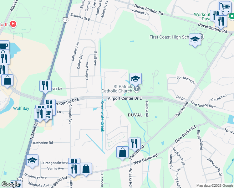 map of restaurants, bars, coffee shops, grocery stores, and more near 466 Moby Dick Drive South in Jacksonville