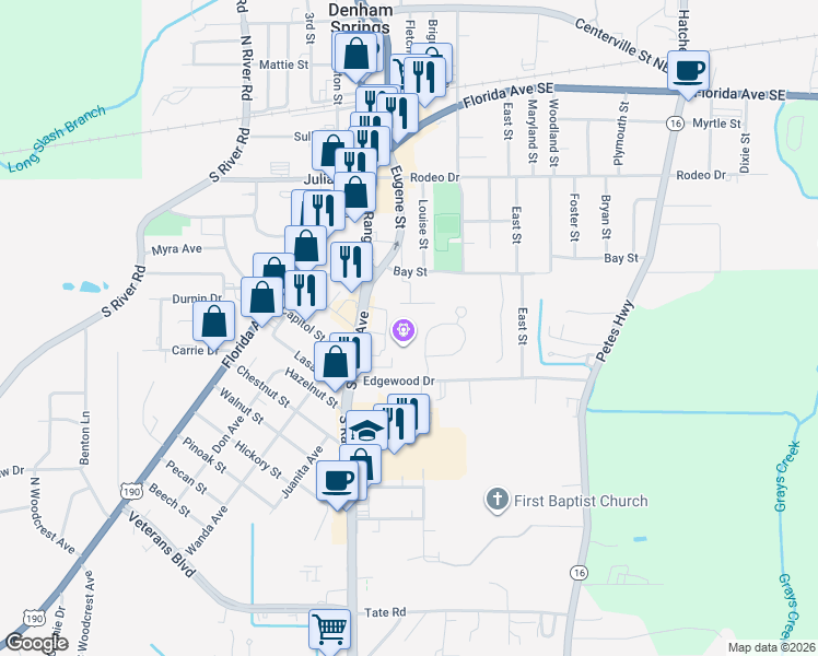 map of restaurants, bars, coffee shops, grocery stores, and more near 640 South Range Avenue in Denham Springs