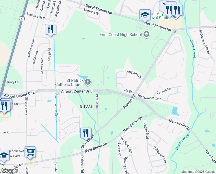 map of restaurants, bars, coffee shops, grocery stores, and more near 13236 West Bonaparte Drive in Jacksonville