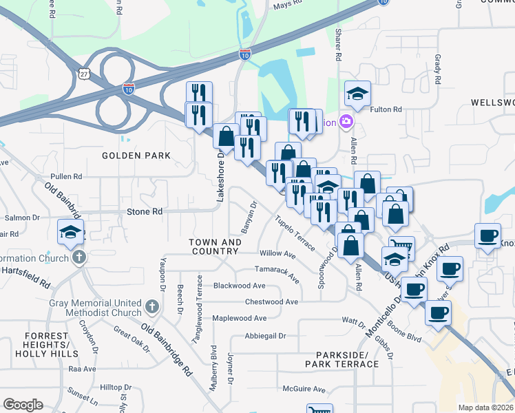 map of restaurants, bars, coffee shops, grocery stores, and more near 2611 Tupelo Terrace in Tallahassee