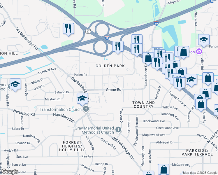 map of restaurants, bars, coffee shops, grocery stores, and more near 209 Golden Park Lane in Tallahassee