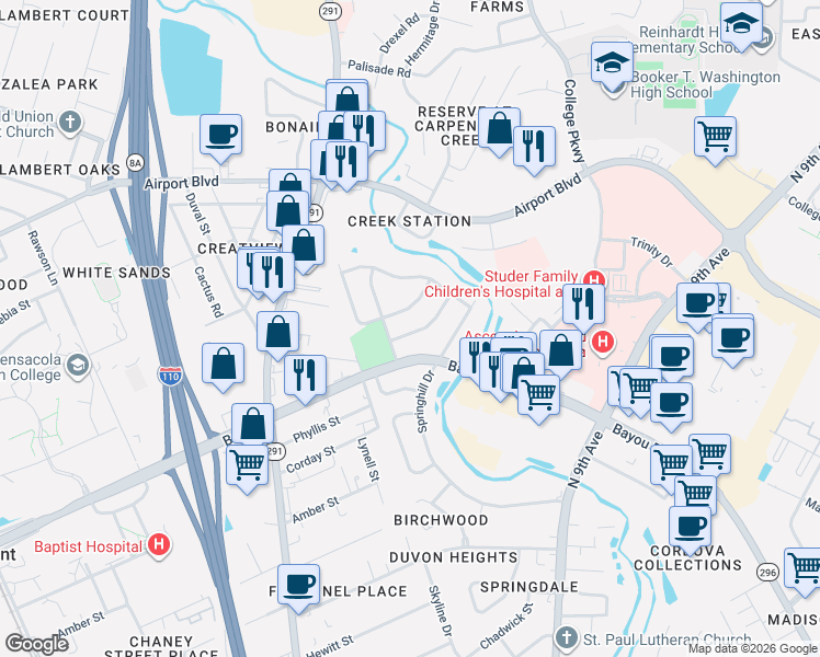 map of restaurants, bars, coffee shops, grocery stores, and more near 710 Alpine Drive in Pensacola