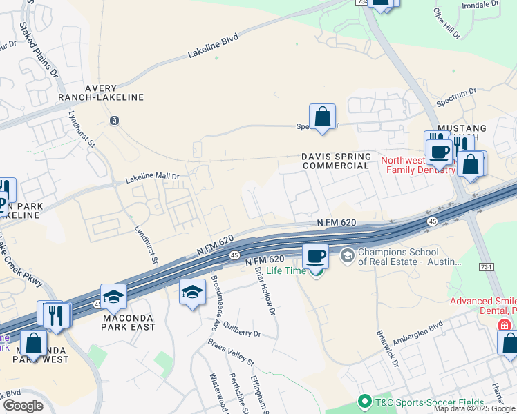 map of restaurants, bars, coffee shops, grocery stores, and more near 13620 Ranch to Market 620 in Austin