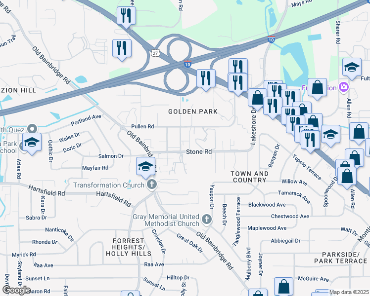 map of restaurants, bars, coffee shops, grocery stores, and more near 2412 Fred Smith Road in Tallahassee