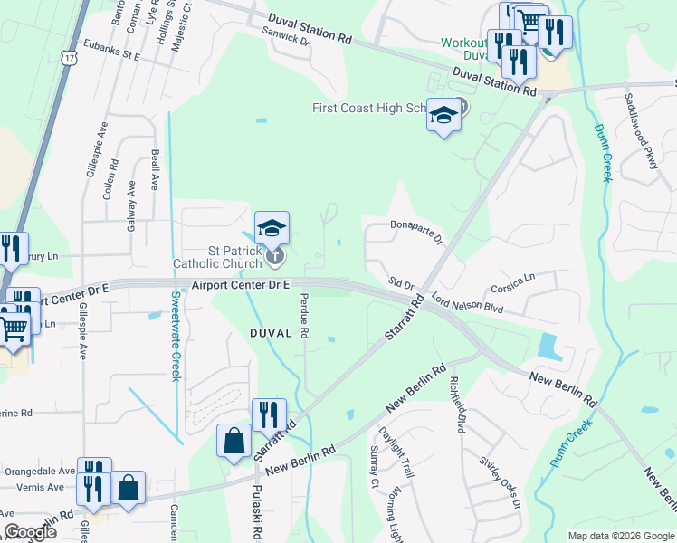 map of restaurants, bars, coffee shops, grocery stores, and more near 13236 West Bonaparte Drive in Jacksonville
