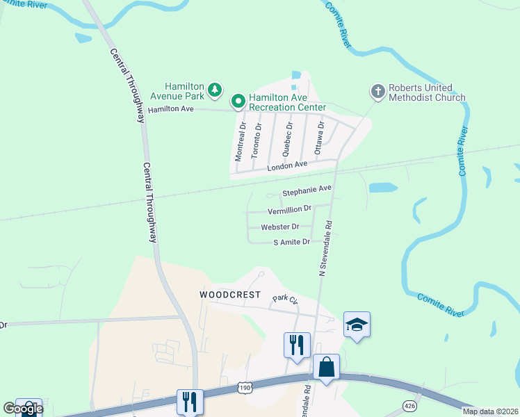 map of restaurants, bars, coffee shops, grocery stores, and more near 16441 Vermillion Drive in Baton Rouge