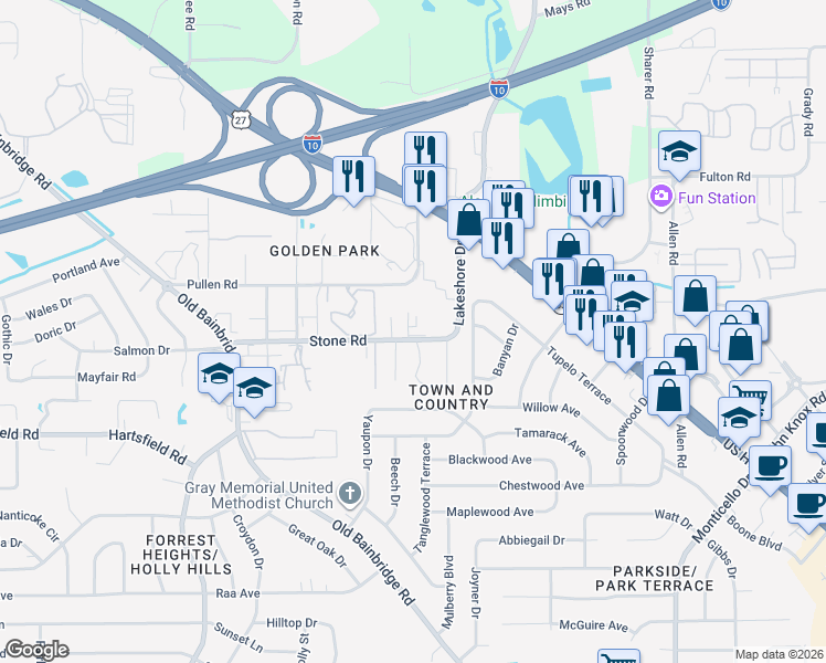 map of restaurants, bars, coffee shops, grocery stores, and more near 1231 Stone Greene Street in Tallahassee