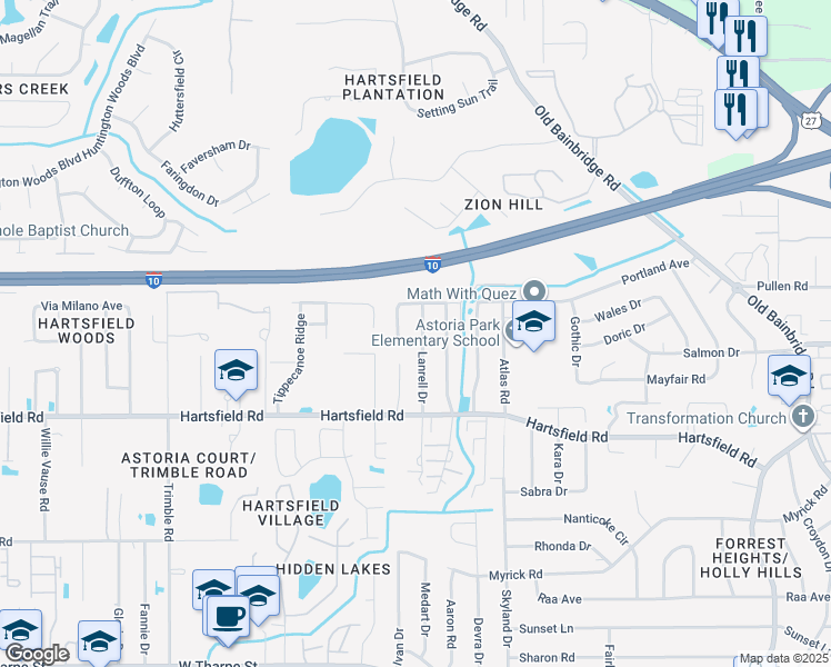 map of restaurants, bars, coffee shops, grocery stores, and more near 2444 Lanrell Drive in Tallahassee