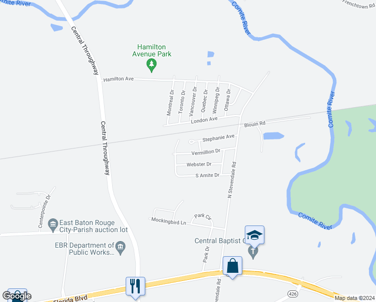 map of restaurants, bars, coffee shops, grocery stores, and more near 16503 Vermillion Drive in Baton Rouge