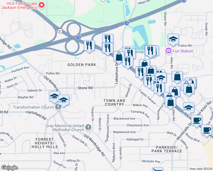map of restaurants, bars, coffee shops, grocery stores, and more near 1231 Stone Greene Street in Tallahassee
