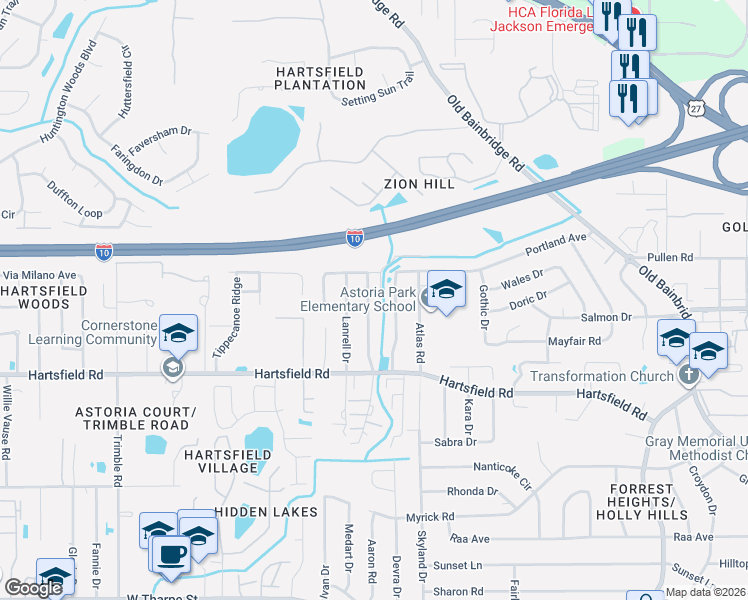 map of restaurants, bars, coffee shops, grocery stores, and more near 2486 Talco Hills Drive in Tallahassee