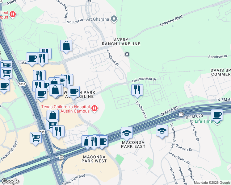 map of restaurants, bars, coffee shops, grocery stores, and more near 13500 Lyndhurst Street in Austin