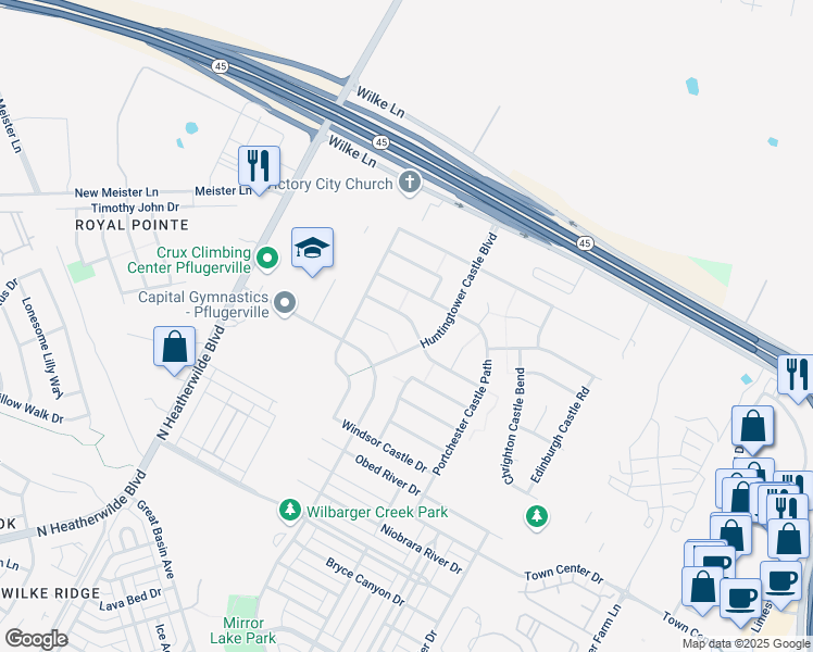 map of restaurants, bars, coffee shops, grocery stores, and more near 717 Busleigh Castle Way in Pflugerville