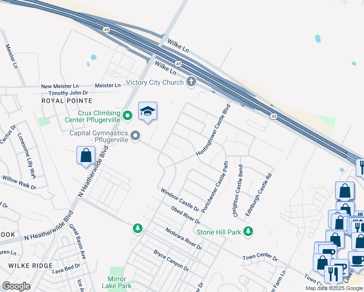 map of restaurants, bars, coffee shops, grocery stores, and more near 704 Busleigh Castle Way in Pflugerville