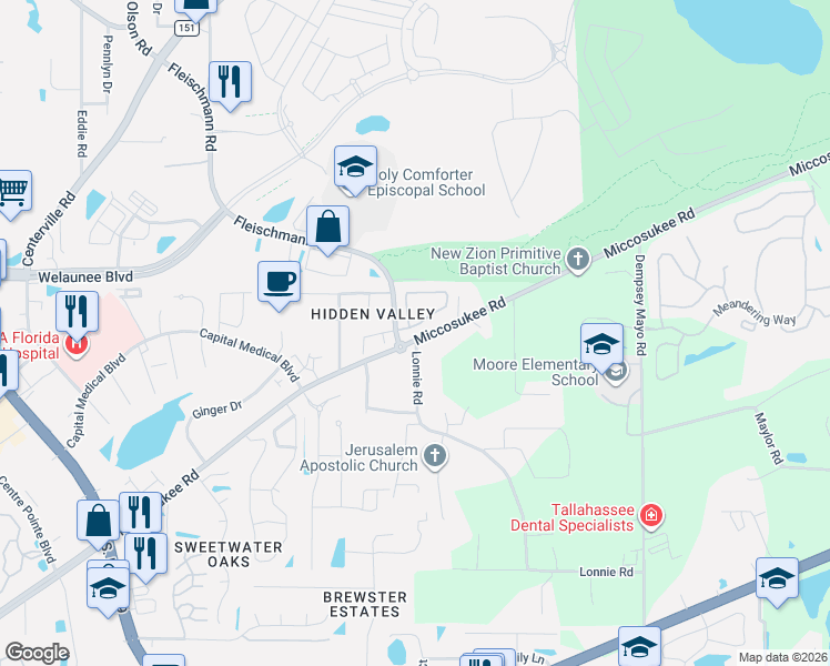 map of restaurants, bars, coffee shops, grocery stores, and more near 3606 Sedona Loop in Tallahassee