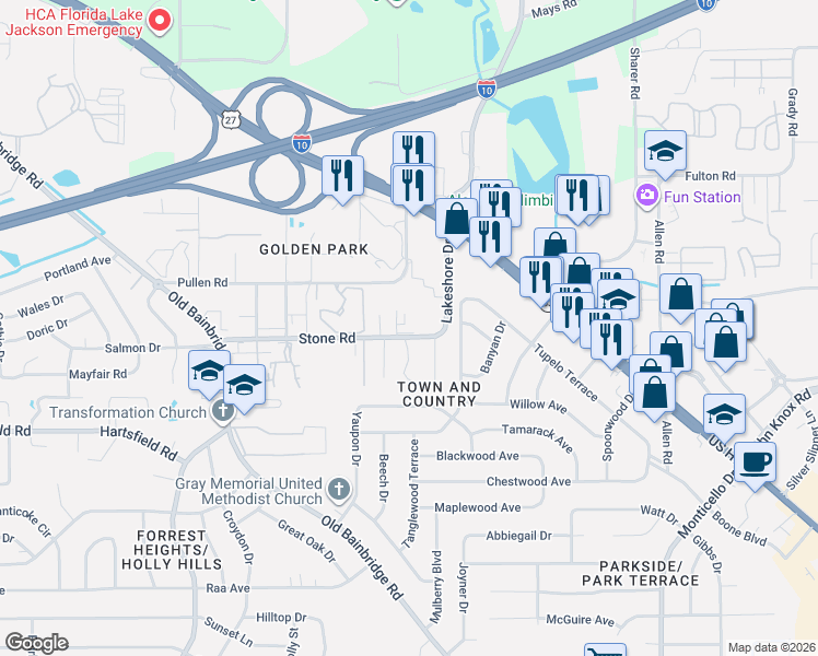 map of restaurants, bars, coffee shops, grocery stores, and more near 1231 Stone Greene Street in Tallahassee