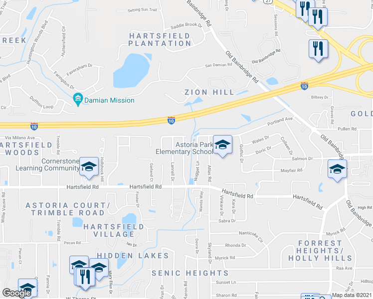 map of restaurants, bars, coffee shops, grocery stores, and more near 2486 Talco Hills Drive in Tallahassee