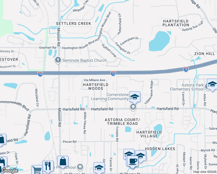 map of restaurants, bars, coffee shops, grocery stores, and more near 2327A Via Sardinia Street in Tallahassee