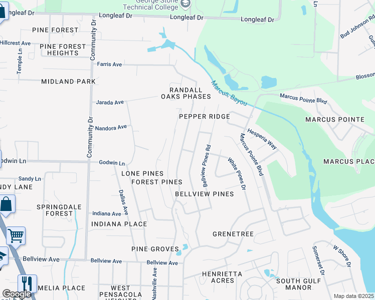 map of restaurants, bars, coffee shops, grocery stores, and more near 6659 Bellview Pines Place in Pensacola