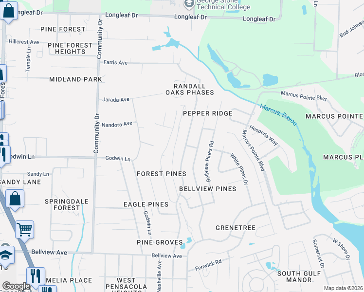map of restaurants, bars, coffee shops, grocery stores, and more near 6651 Chicago Avenue in Pensacola
