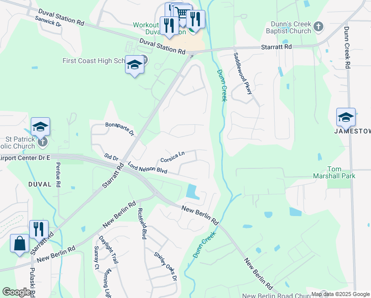 map of restaurants, bars, coffee shops, grocery stores, and more near 909 Corsica Lane in Jacksonville