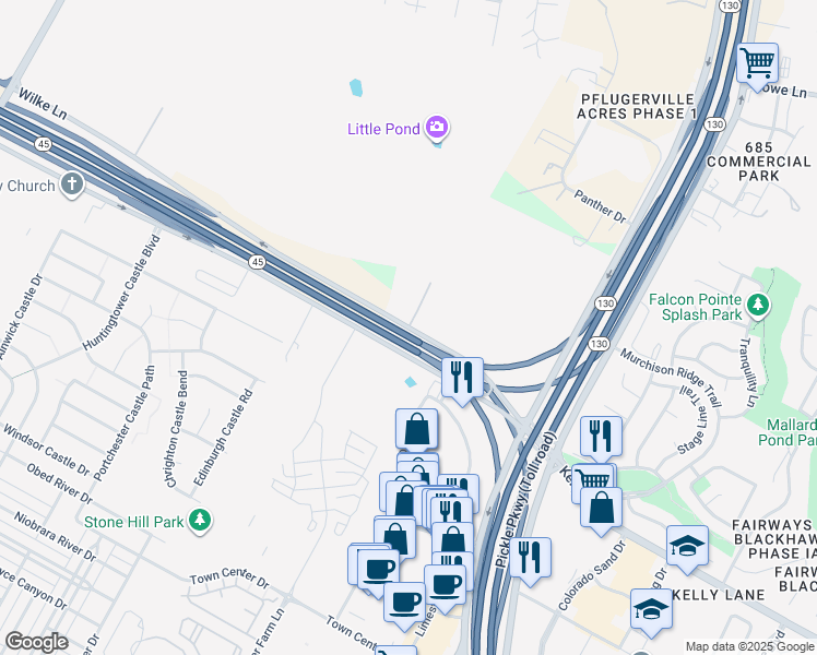 map of restaurants, bars, coffee shops, grocery stores, and more near 19430 Wilke Lane in Pflugerville