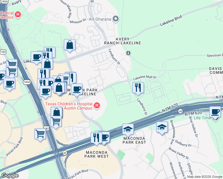 map of restaurants, bars, coffee shops, grocery stores, and more near 10520 Lakeline Mall Drive in Austin