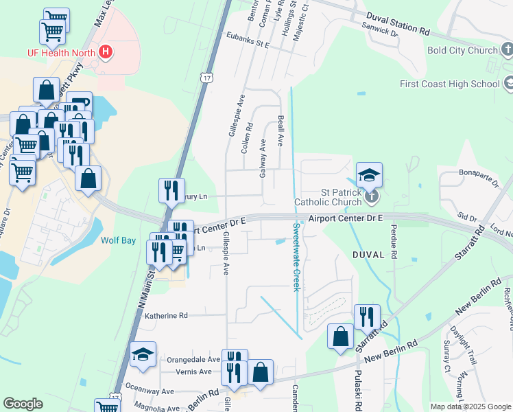 map of restaurants, bars, coffee shops, grocery stores, and more near 13202 Galway Avenue in Jacksonville