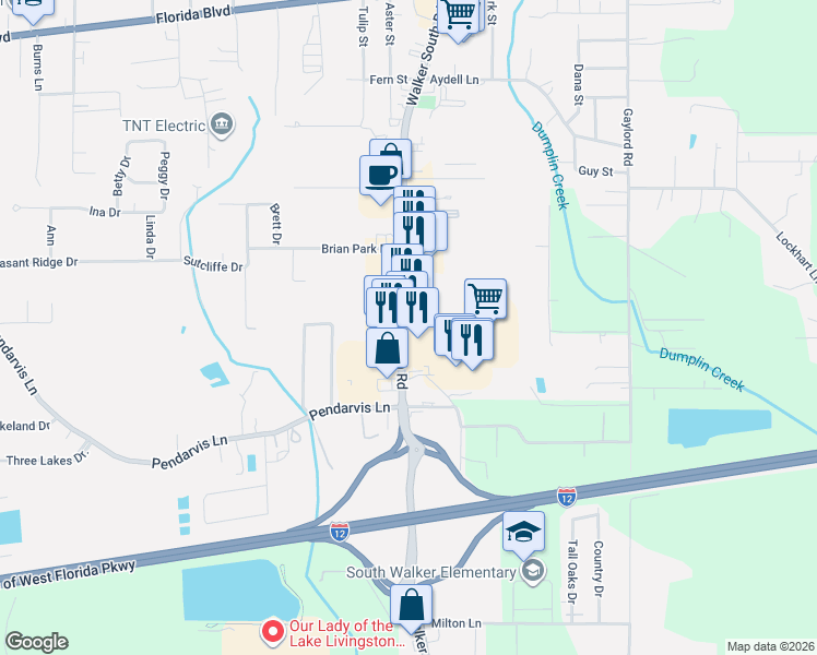 map of restaurants, bars, coffee shops, grocery stores, and more near 13699 Minton Lane in Walker