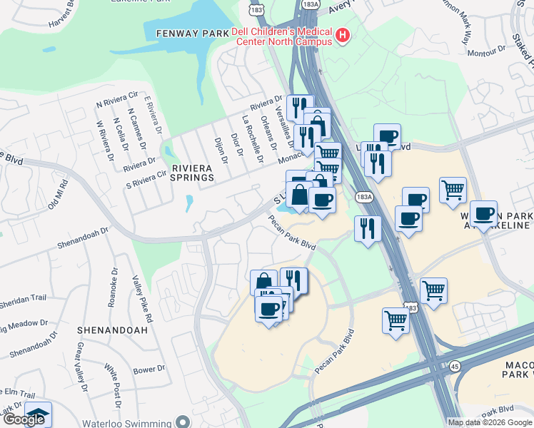map of restaurants, bars, coffee shops, grocery stores, and more near 2850 South Lakeline Boulevard in Cedar Park