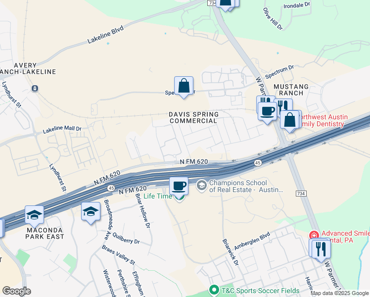 map of restaurants, bars, coffee shops, grocery stores, and more near 9904 Quercia Drive in Austin