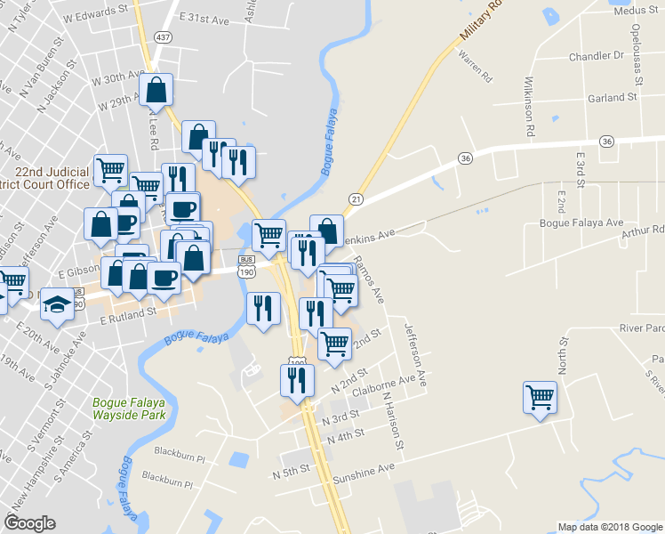 map of restaurants, bars, coffee shops, grocery stores, and more near 1st Avenue in Covington