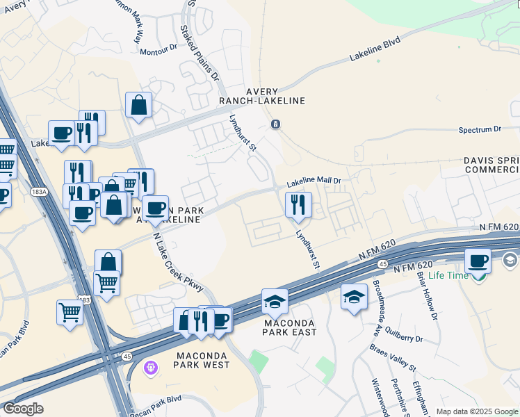 map of restaurants, bars, coffee shops, grocery stores, and more near 10507 Turnbull Loop in Austin
