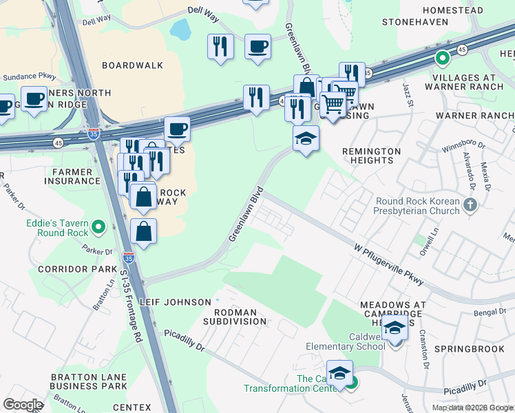 map of restaurants, bars, coffee shops, grocery stores, and more near 3431 Greenlawn Boulevard in Round Rock