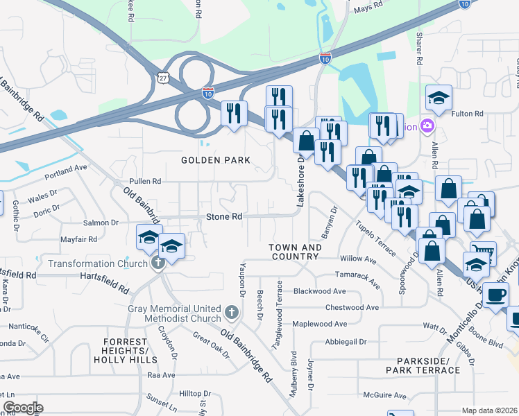map of restaurants, bars, coffee shops, grocery stores, and more near 1231 Stone Greene Street in Tallahassee