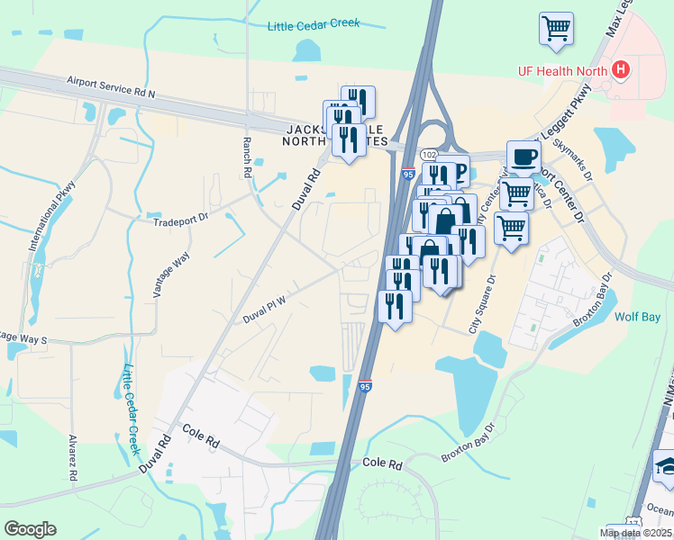 map of restaurants, bars, coffee shops, grocery stores, and more near 14698 Duval Place West in Jacksonville