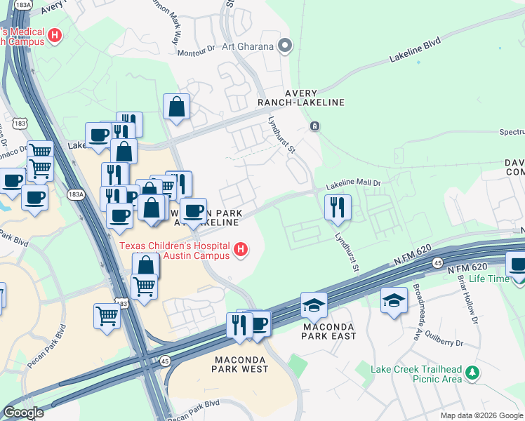 map of restaurants, bars, coffee shops, grocery stores, and more near 10500 Lakeline Mall Drive in Austin