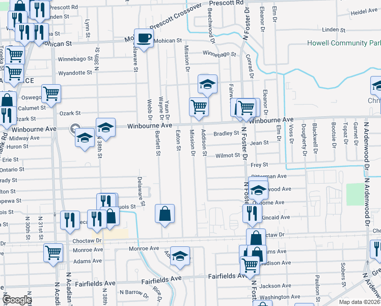 map of restaurants, bars, coffee shops, grocery stores, and more near 3112 Mission Drive in Baton Rouge